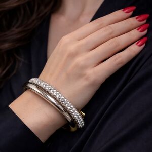 VINTAGE 80S CRYSTAL RHINESTONE CUFF BRACELET GOLD SILVER MIXED METAL STATEMENT